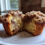 Close-up of a moist Coffee Cake Muffins cut in half, showing the fluffy interior and thick cinnamon streusel topping.