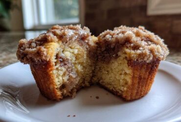 Close-up of a moist Coffee Cake Muffins cut in half, showing the fluffy interior and thick cinnamon streusel topping.