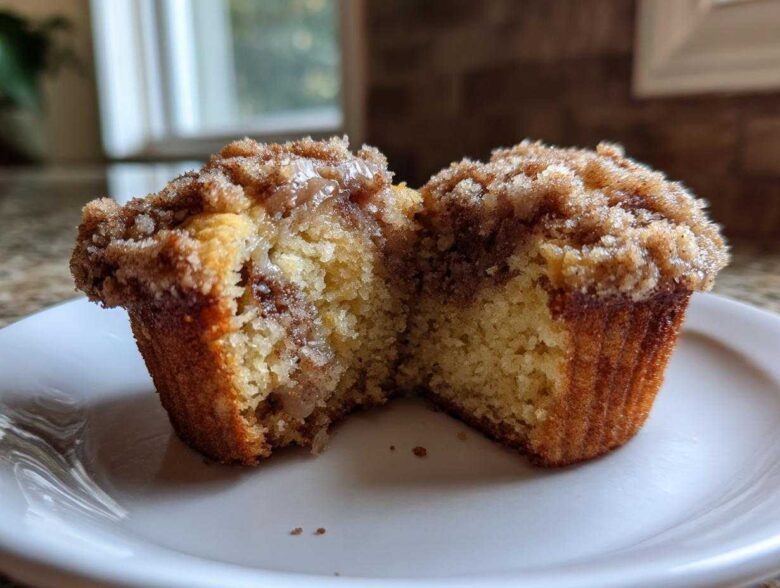Close-up of a moist Coffee Cake Muffins cut in half, showing the fluffy interior and thick cinnamon streusel topping.