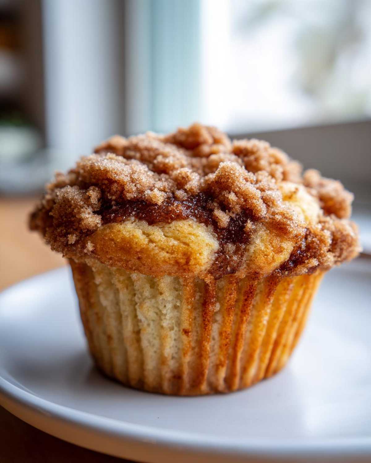 Close-up of a moist Coffee Cake Muffin featuring a thick, sugary cinnamon streusel topping.