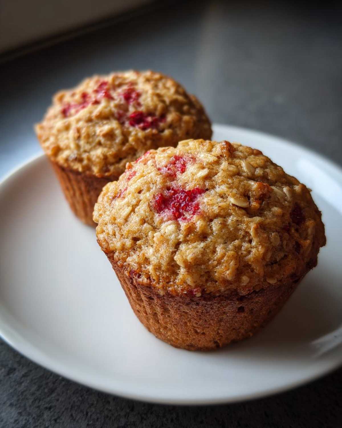 Close-up of two freshly baked Gluten-Free Strawberry Oat Muffins with visible oats and bright red strawberry pieces on top.