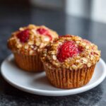 Two moist Gluten-Free Strawberry Oat Muffins topped with oats and fresh strawberries, served on a white plate.