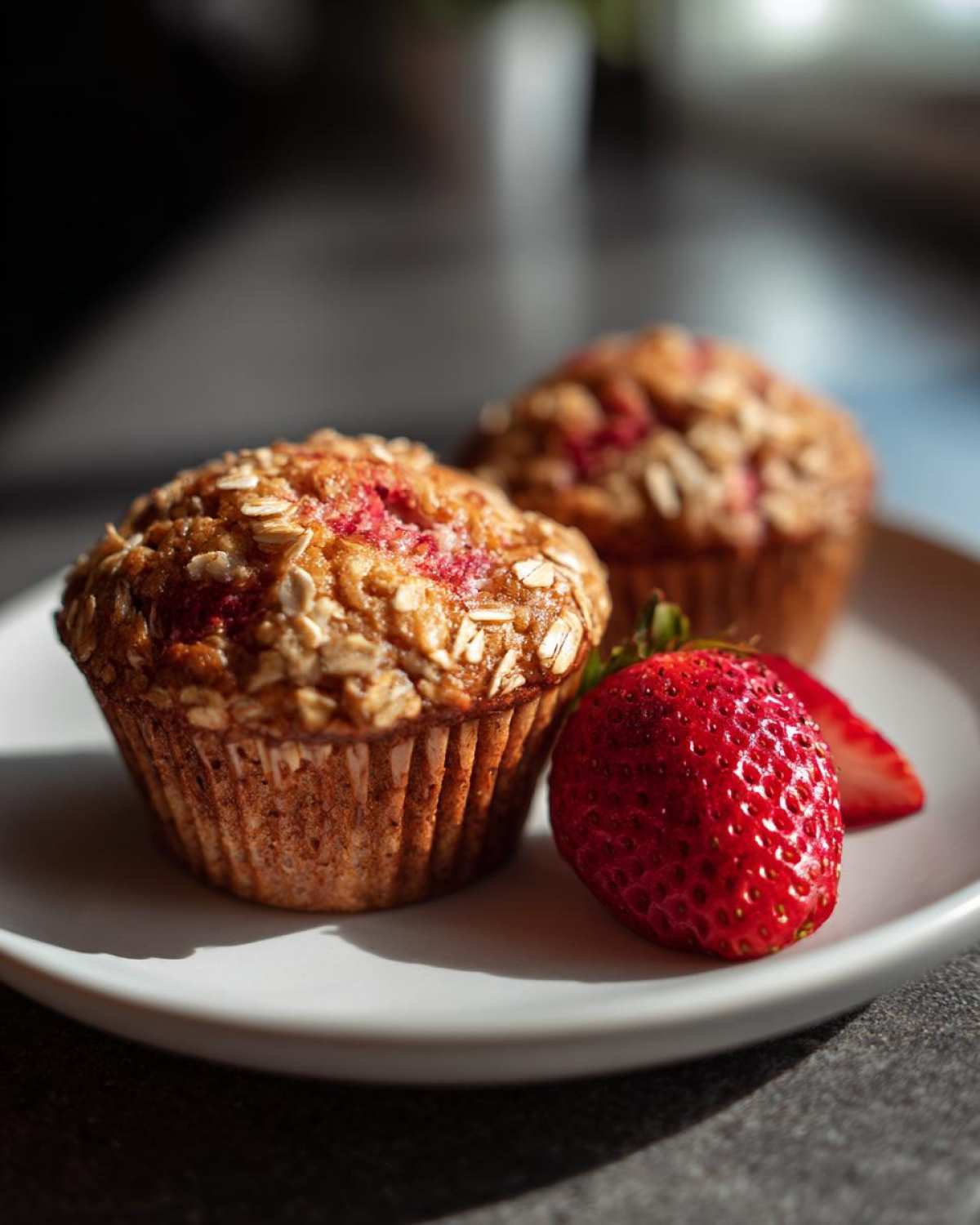 Two moist Gluten-Free Strawberry Oat Muffins topped with oats, served next to fresh strawberries on a white plate.