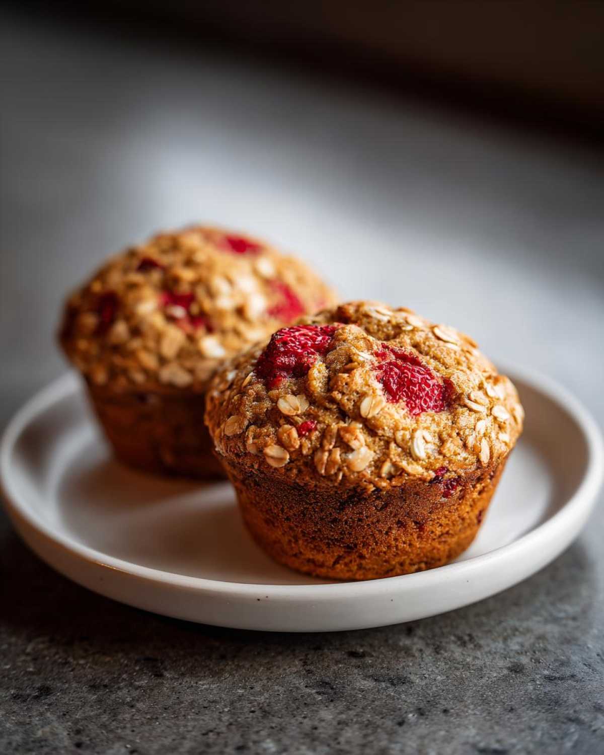 Two freshly baked Gluten-Free Strawberry Oat Muffins topped with oats and visible strawberry pieces, resting on a white plate.