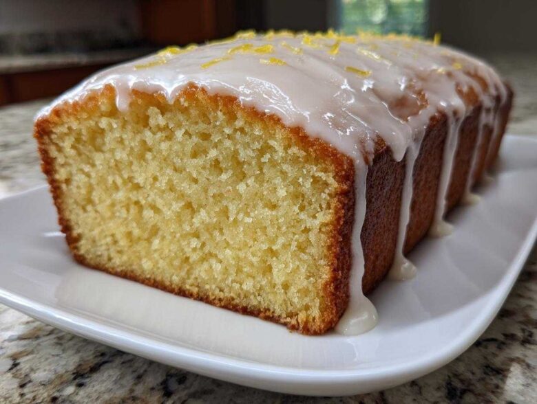 Close-up of a freshly baked, moist Lemon Loaf with thick white glaze dripping down the sides and topped with lemon zest.