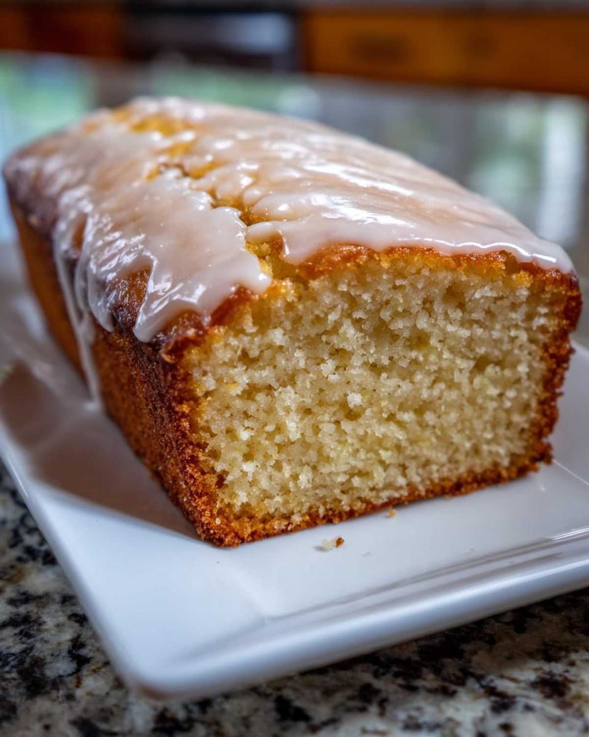 Close-up of a moist Lemon Loaf with a thick, dripping lemon glaze on a white rectangular plate.