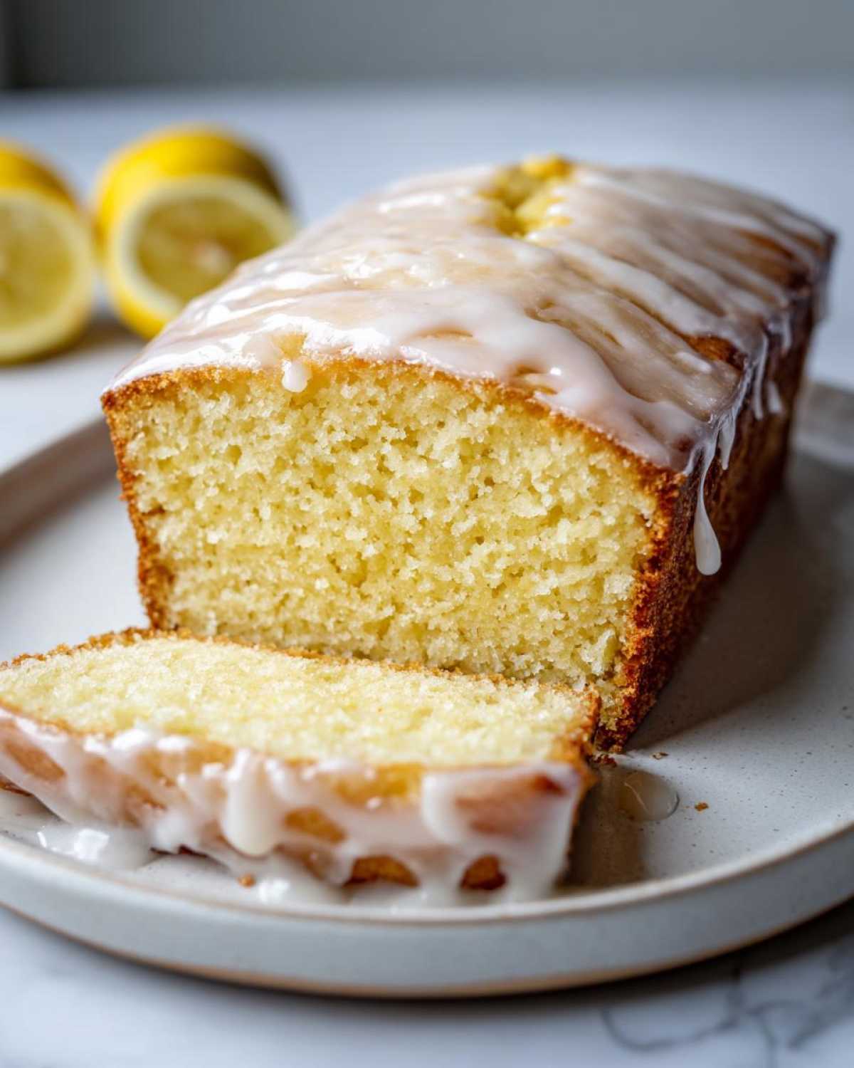 A moist Lemon Loaf cake, partially sliced, covered in a thick, dripping white lemon glaze.