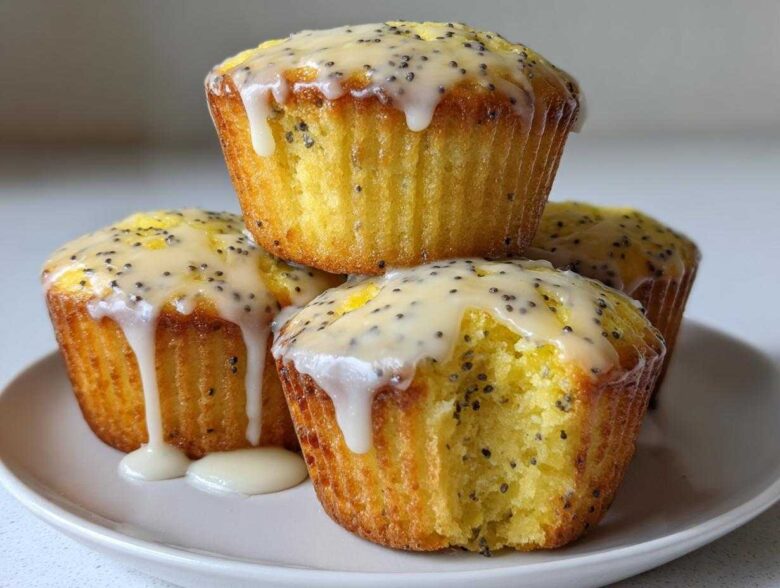 A stack of four moist Lemon Poppy Seed Muffins topped with a thick, dripping lemon glaze and visible poppy seeds.