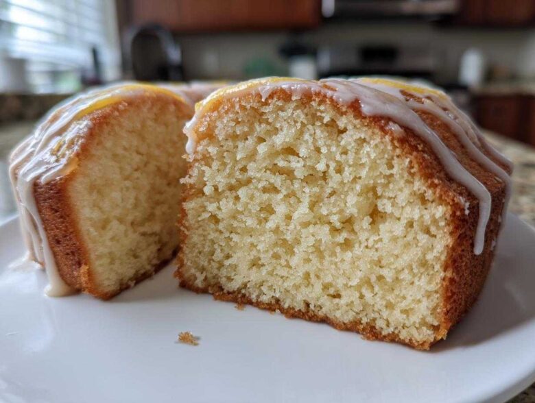 Close-up of a moist slice of London Fog Cake, showing the crumb texture and white vanilla glaze drizzled on top.