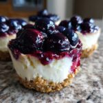 Close-up of one No-Bake Blueberry Cheesecake Oat Cup with a thick oat crust and blueberry topping.