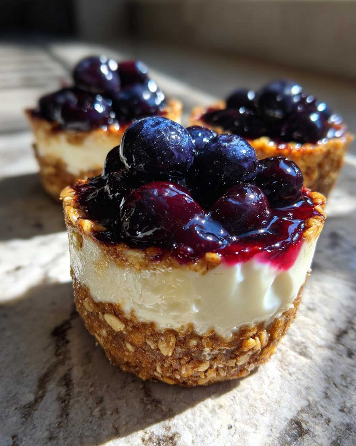 A close-up of a single No-Bake Blueberry Cheesecake Oat Cup topped with glossy blueberry compote.