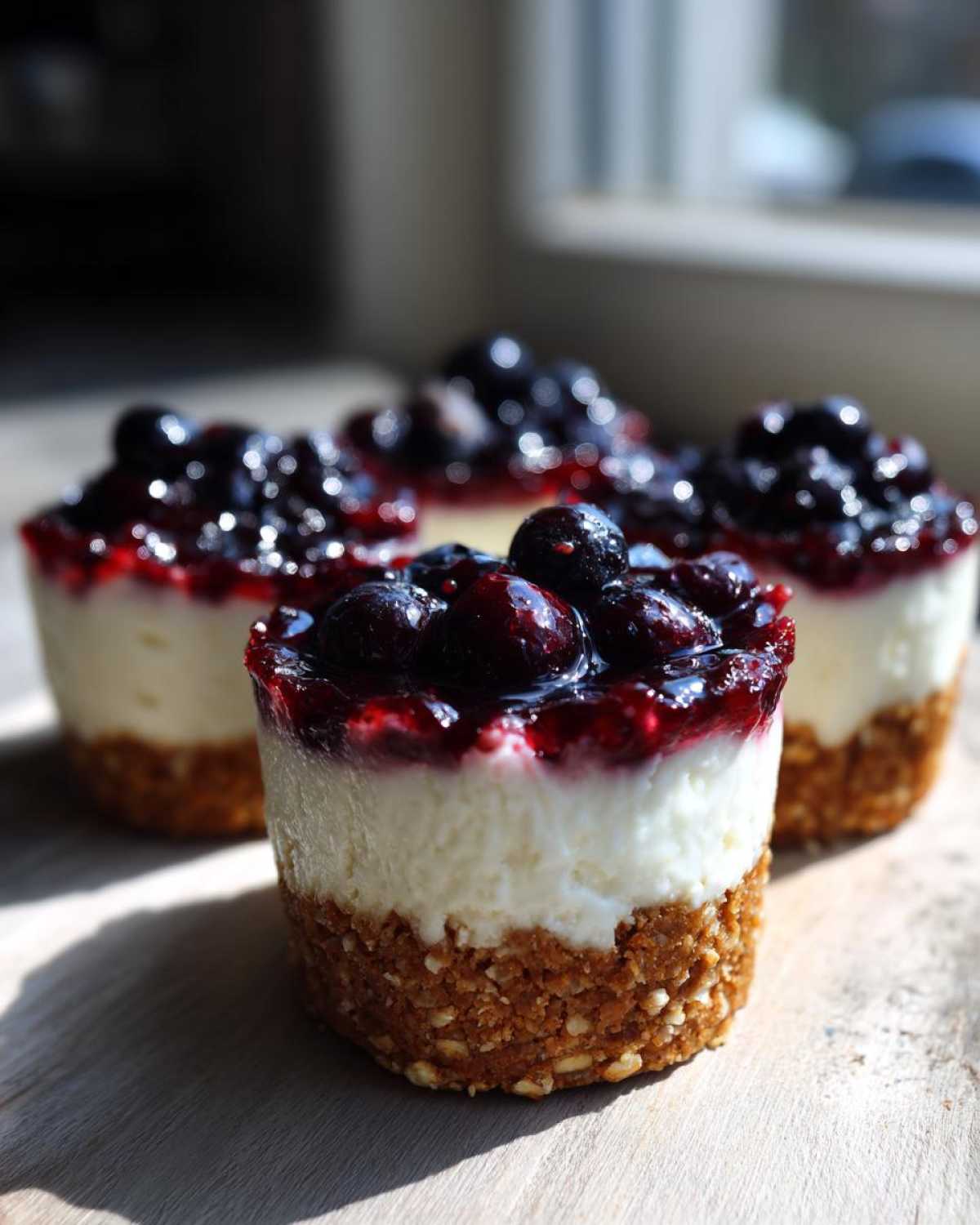 Close-up of individual No-Bake Blueberry Cheesecake Oat Cups with a thick oat crust and blueberry topping.