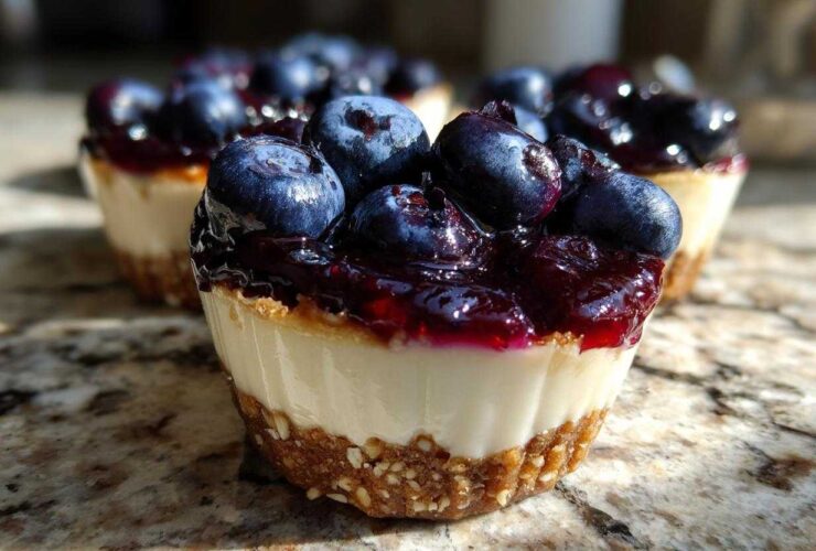 A close-up of a No-Bake Blueberry Cheesecake Oat Cup featuring a thick oat crust, creamy filling, and topped with blueberry compote and fresh blueberries.