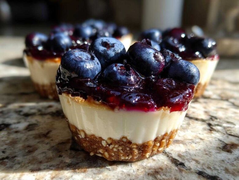 A close-up of a No-Bake Blueberry Cheesecake Oat Cup featuring a thick oat crust, creamy filling, and topped with blueberry compote and fresh blueberries.