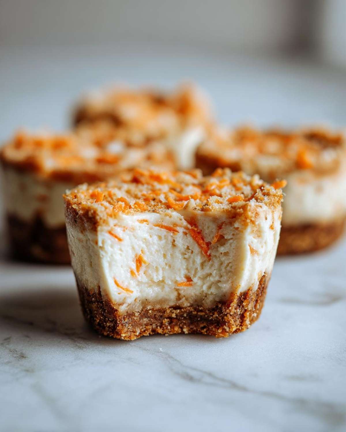 Close-up of a No-Bake Carrot Cake Cheesecake Cup with a bite taken out, showing creamy filling and carrot shreds.