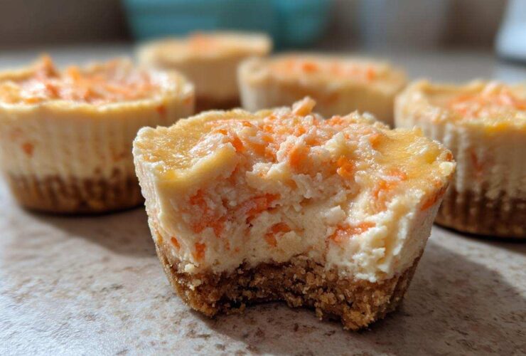 Close-up of a bitten No-Bake Carrot Cake Cheesecake Cup showing the creamy filling and graham cracker crust.