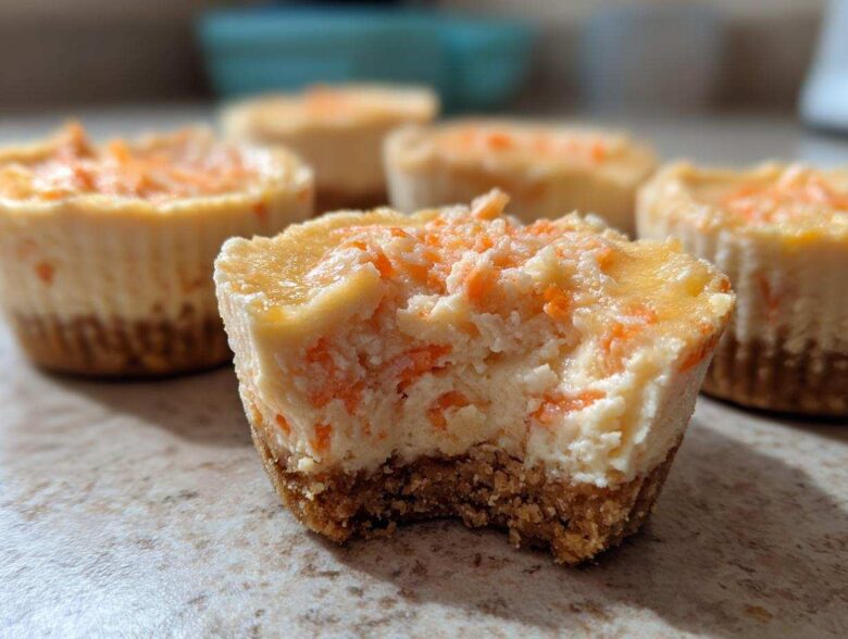 Close-up of a bitten No-Bake Carrot Cake Cheesecake Cup showing the creamy filling and graham cracker crust.