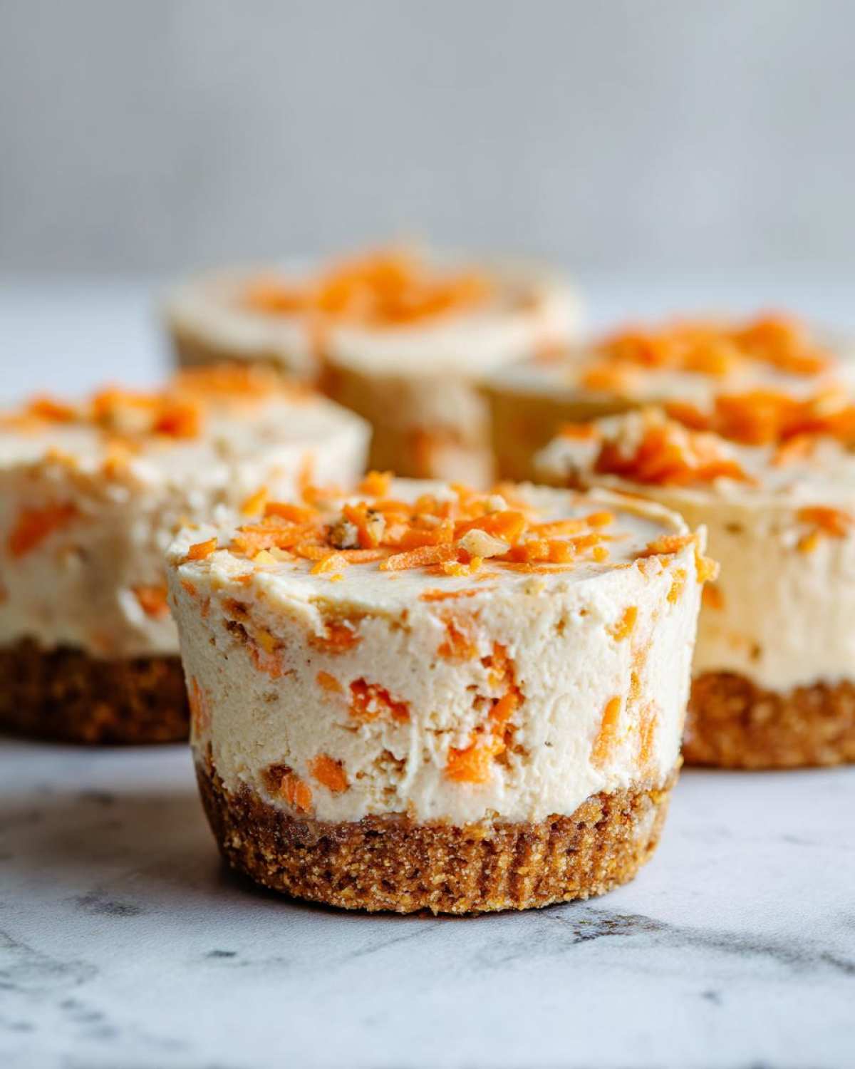 A close-up of one of the No-Bake Carrot Cake Cheesecake Cups showing the graham cracker crust and creamy filling topped with shredded carrots.