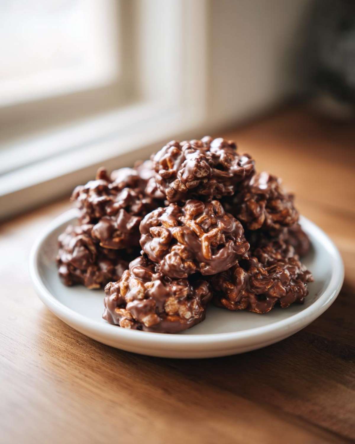 A mound of rich, chocolate-covered pretzel clusters piled on a small white plate.