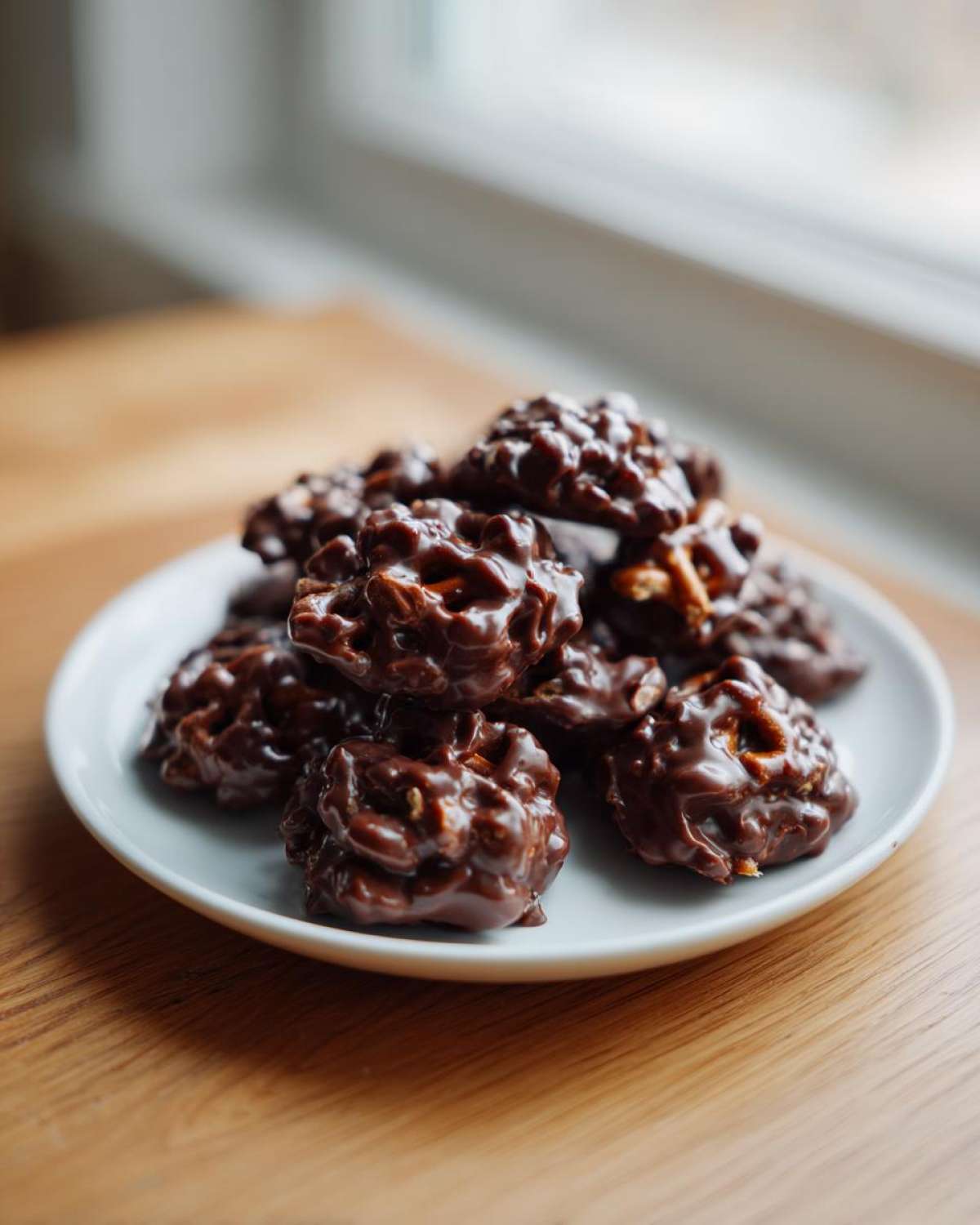 A stack of glossy No-Bake Chocolate Covered Pretzel Clusters piled on a small white plate.