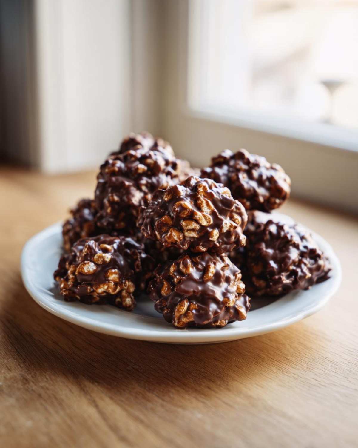 A stack of shiny No-Bake Chocolate Covered Pretzel Clusters piled on a small white plate near a window.