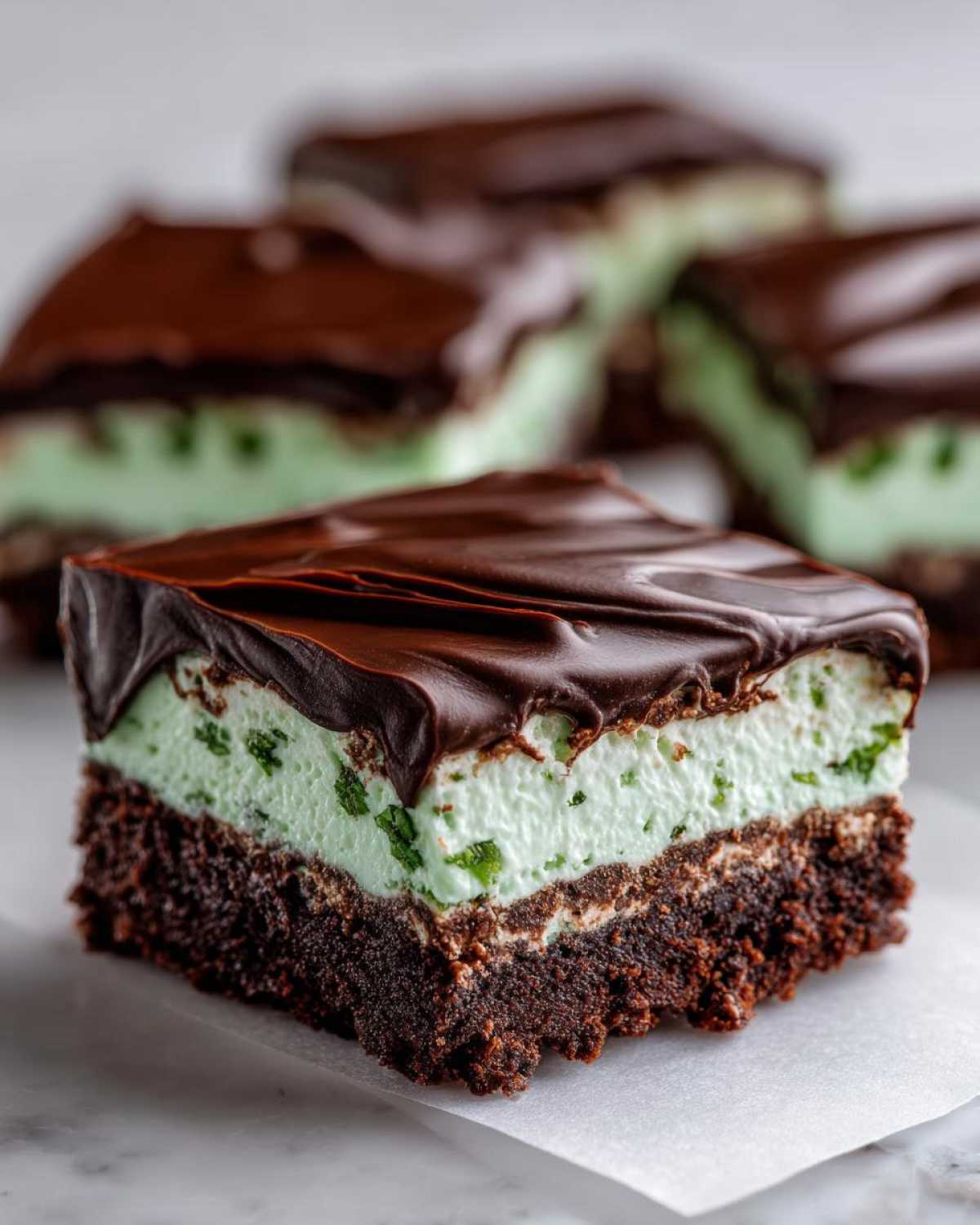 A decadent slice of No-Bake Chocolate Mint Icebox Bars featuring a brownie base, mint layer, and chocolate ganache topping.