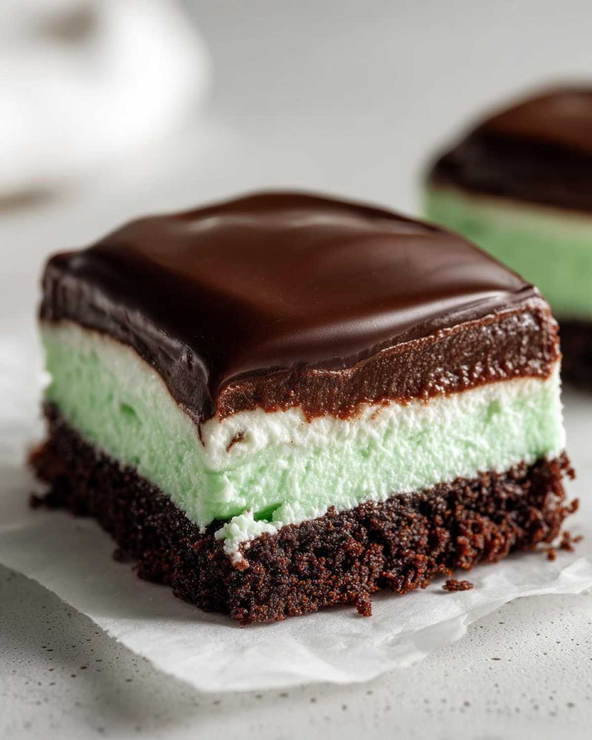 Close-up of a layered No-Bake Chocolate Mint Icebox Bars square with chocolate topping and mint filling.
