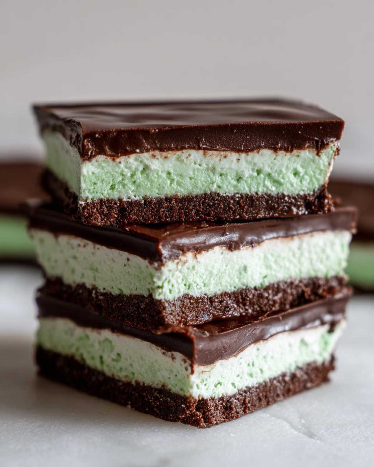 A stack of three rich No-Bake Chocolate Mint Icebox Bars featuring a dark chocolate crust, mint filling, and chocolate ganache topping.
