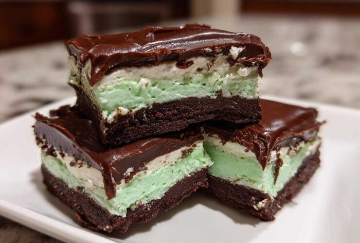 Three stacked squares of No-Bake Chocolate Mint Icebox Bars showing chocolate base, mint layer, and ganache topping.