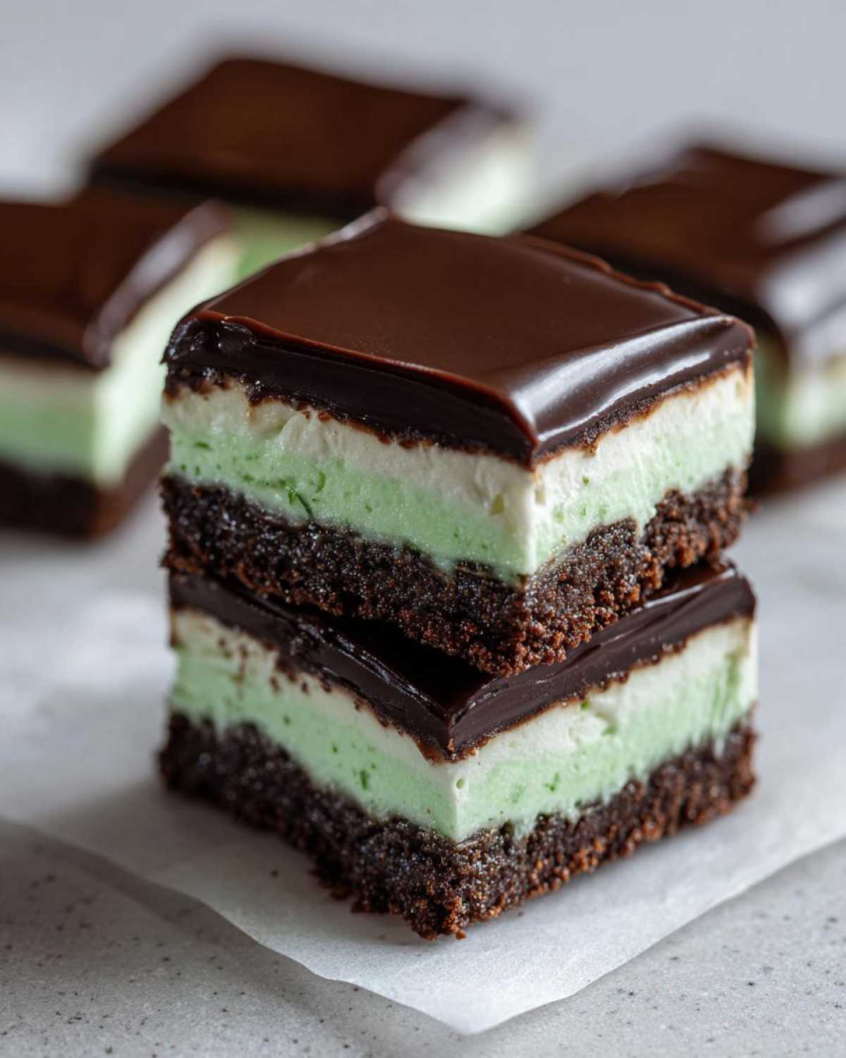 Two stacked squares of No-Bake Chocolate Mint Icebox Bars showing the chocolate crust, mint layer, and chocolate ganache topping.
