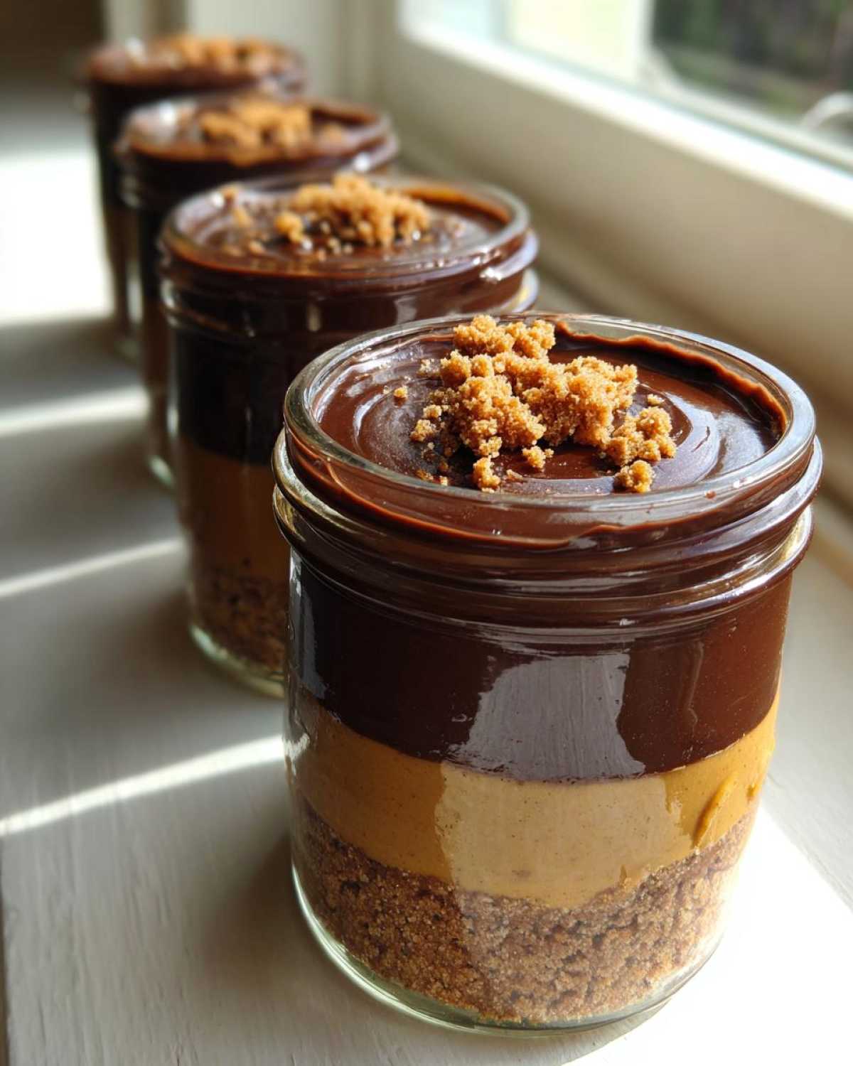 Close-up of No-Bake Chocolate Peanut Butter Pie Jars showing crust, peanut butter layer, and chocolate topping.