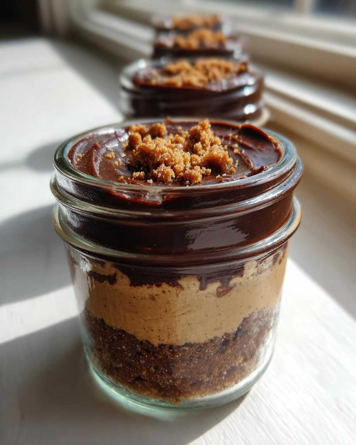 A close-up of a layered No-Bake Chocolate Peanut Butter Pie Jar with a chocolate topping and brown sugar crumble.