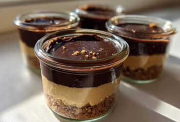 Four individual No-Bake Chocolate Peanut Butter Pie Jars featuring crust, peanut butter filling, and chocolate topping, sitting in sunlight.