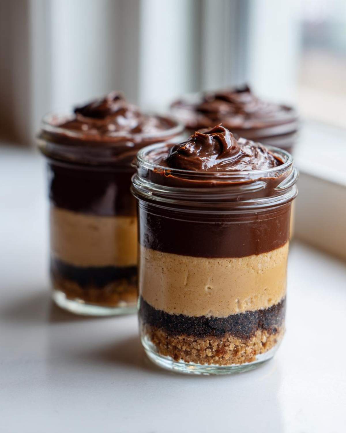 Three individual No-Bake Chocolate Peanut Butter Pie Jars with distinct layers of crust, peanut butter filling, and chocolate topping.