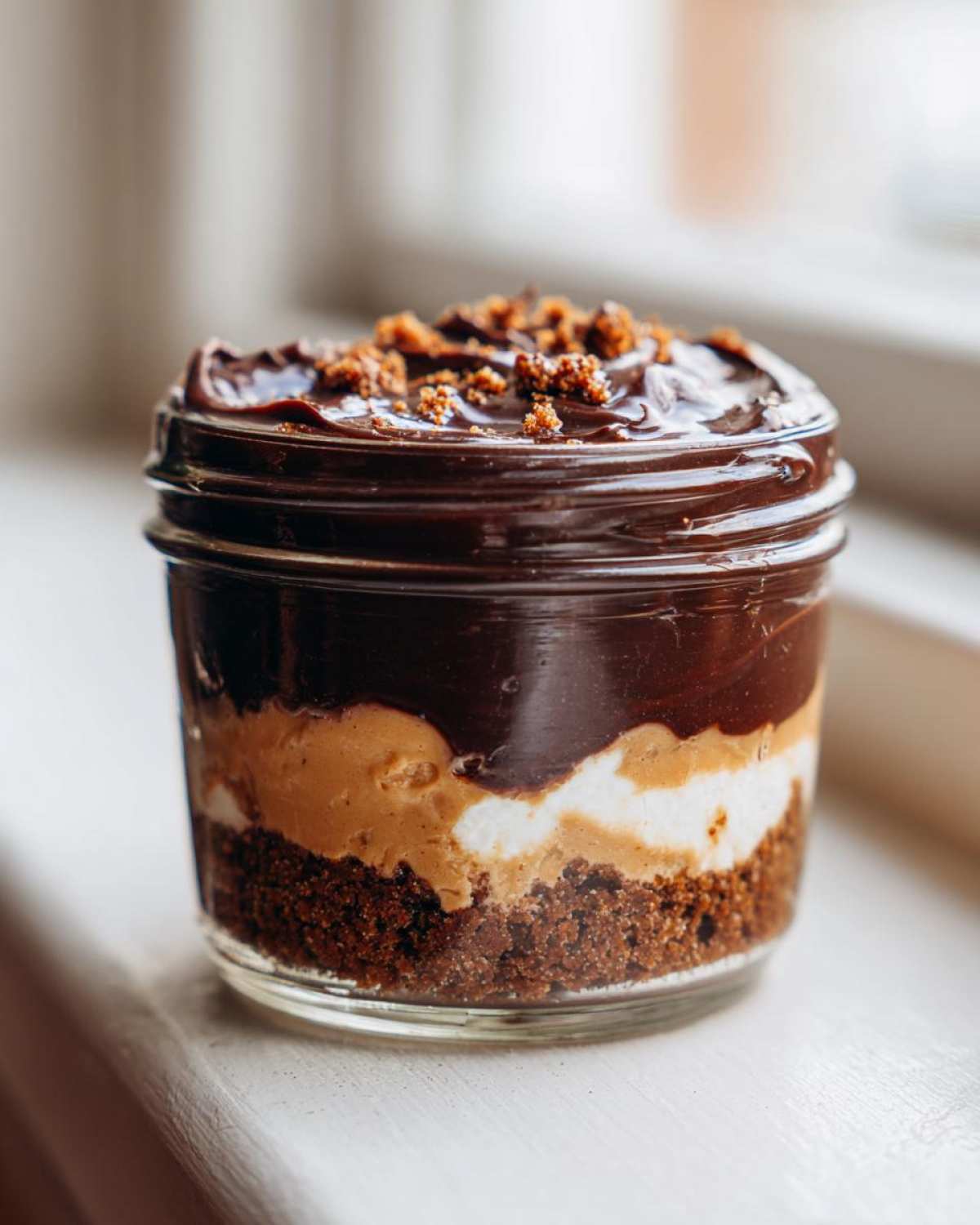A single serving of No-Bake Chocolate Peanut Butter Pie Jars showing layers of crust, peanut butter, cream, and chocolate ganache.