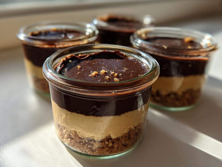 Four individual No-Bake Chocolate Peanut Butter Pie Jars featuring crust, peanut butter filling, and chocolate topping, sitting in sunlight.