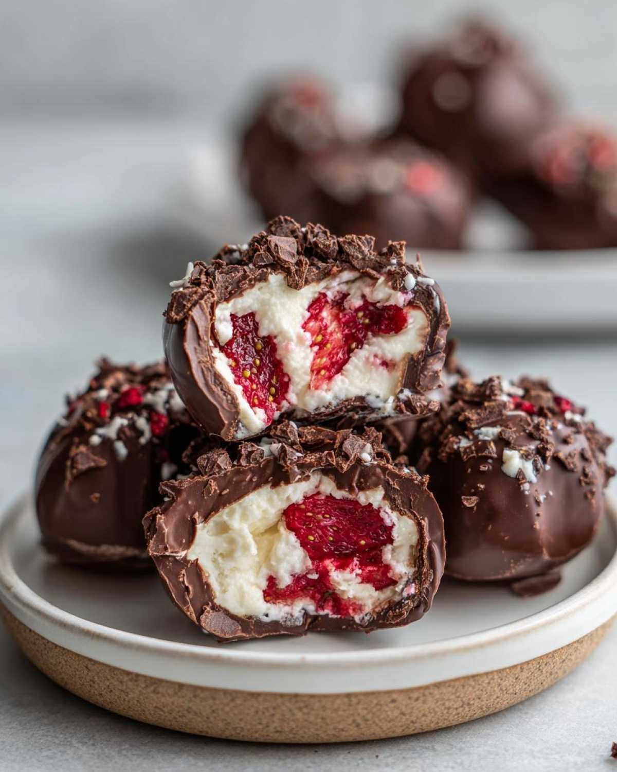 Close-up of No-Bake Chocolate Strawberry Yogurt Clusters cut in half showing creamy yogurt and strawberry filling.