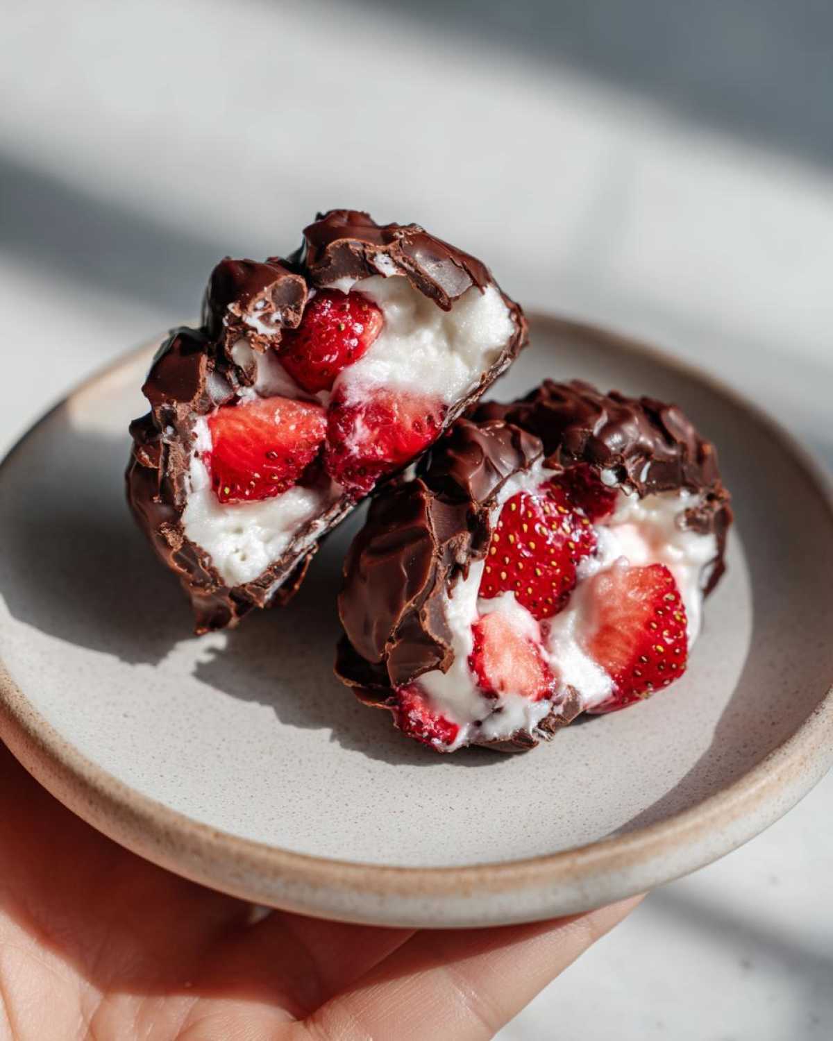 Two halves of a No-Bake Chocolate Strawberry Yogurt Cluster showing the creamy white yogurt filling and fresh strawberry pieces inside a dark chocolate shell.