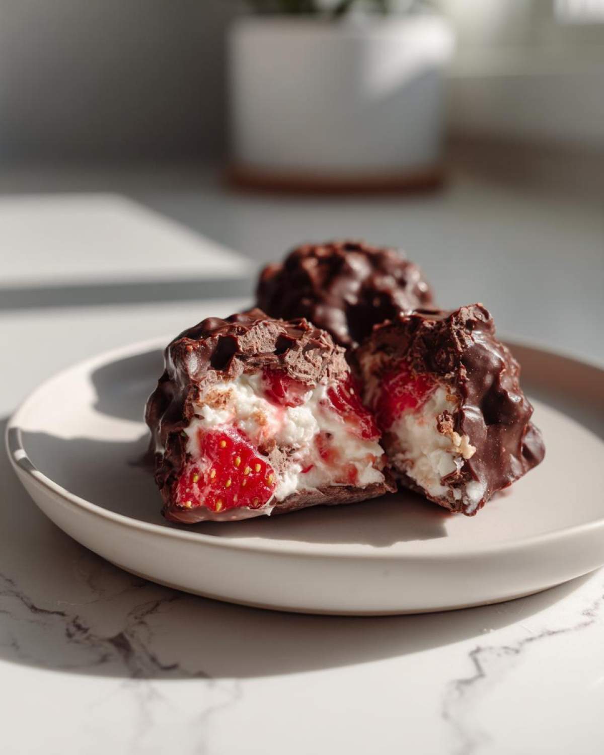 A No-Bake Chocolate Strawberry Yogurt Cluster cut in half showing the creamy yogurt and bright red strawberry filling inside a chocolate shell.
