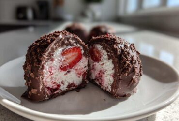 A No-Bake Chocolate Strawberry Yogurt Cluster cut in half showing the yogurt filling and strawberry slice inside.