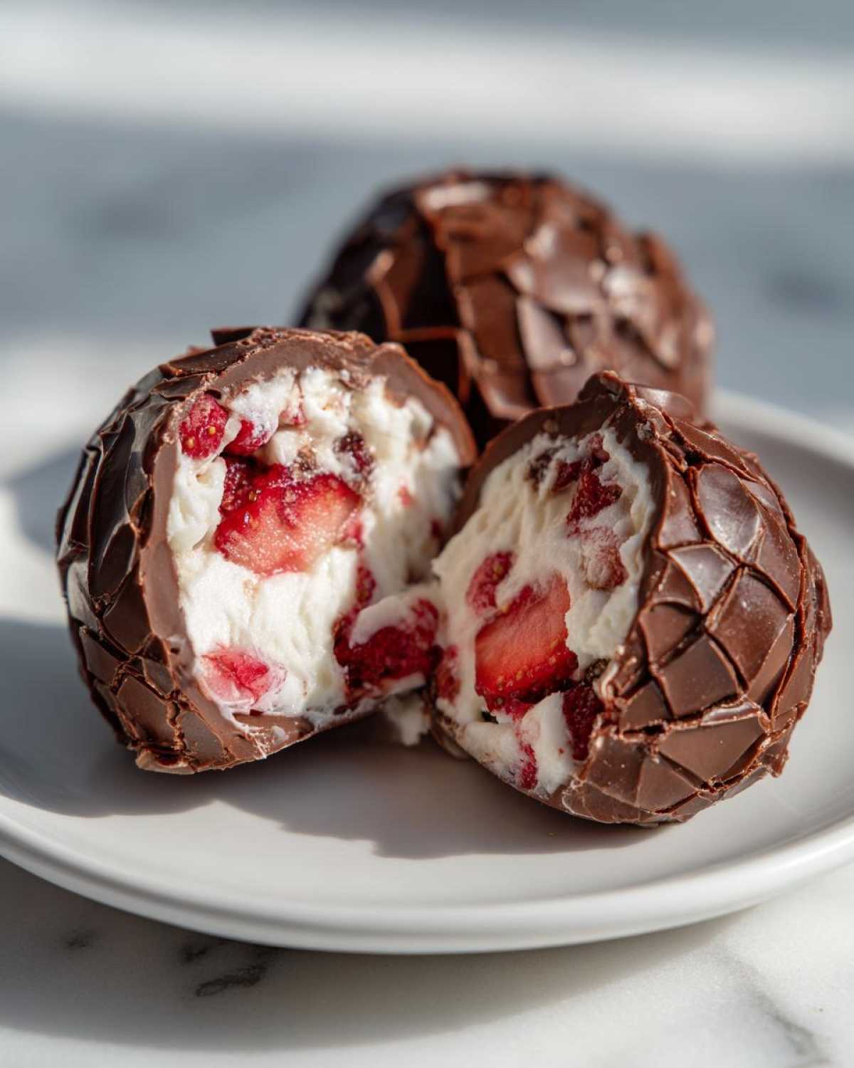 Close-up of No-Bake Chocolate Strawberry Yogurt Clusters cut in half, showing creamy yogurt filling and strawberries.