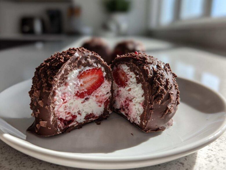 A No-Bake Chocolate Strawberry Yogurt Cluster cut in half showing the yogurt filling and strawberry slice inside.