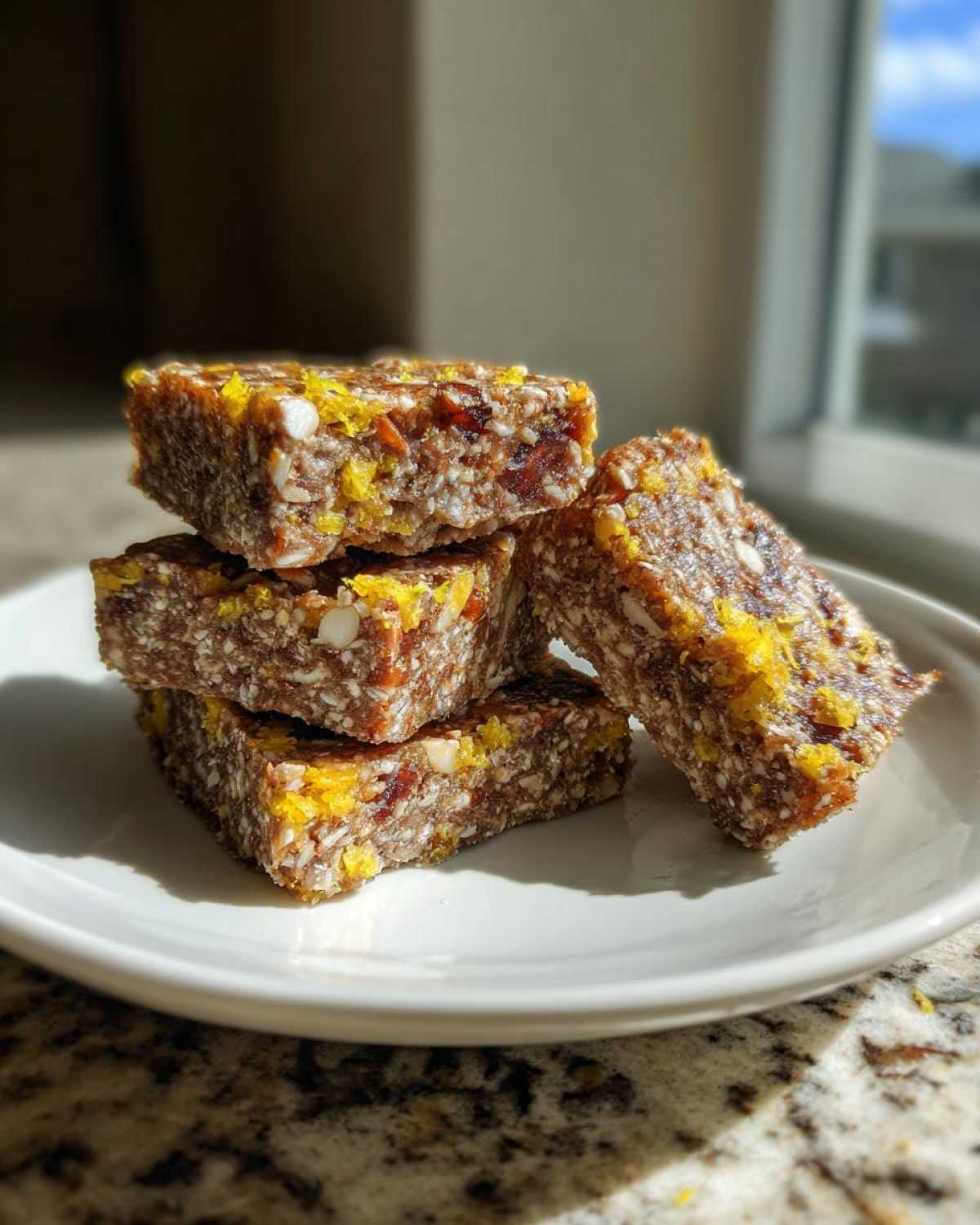 A stack of four No-Bake Lemon Almond Date Bars topped with bright yellow lemon zest on a white plate.
