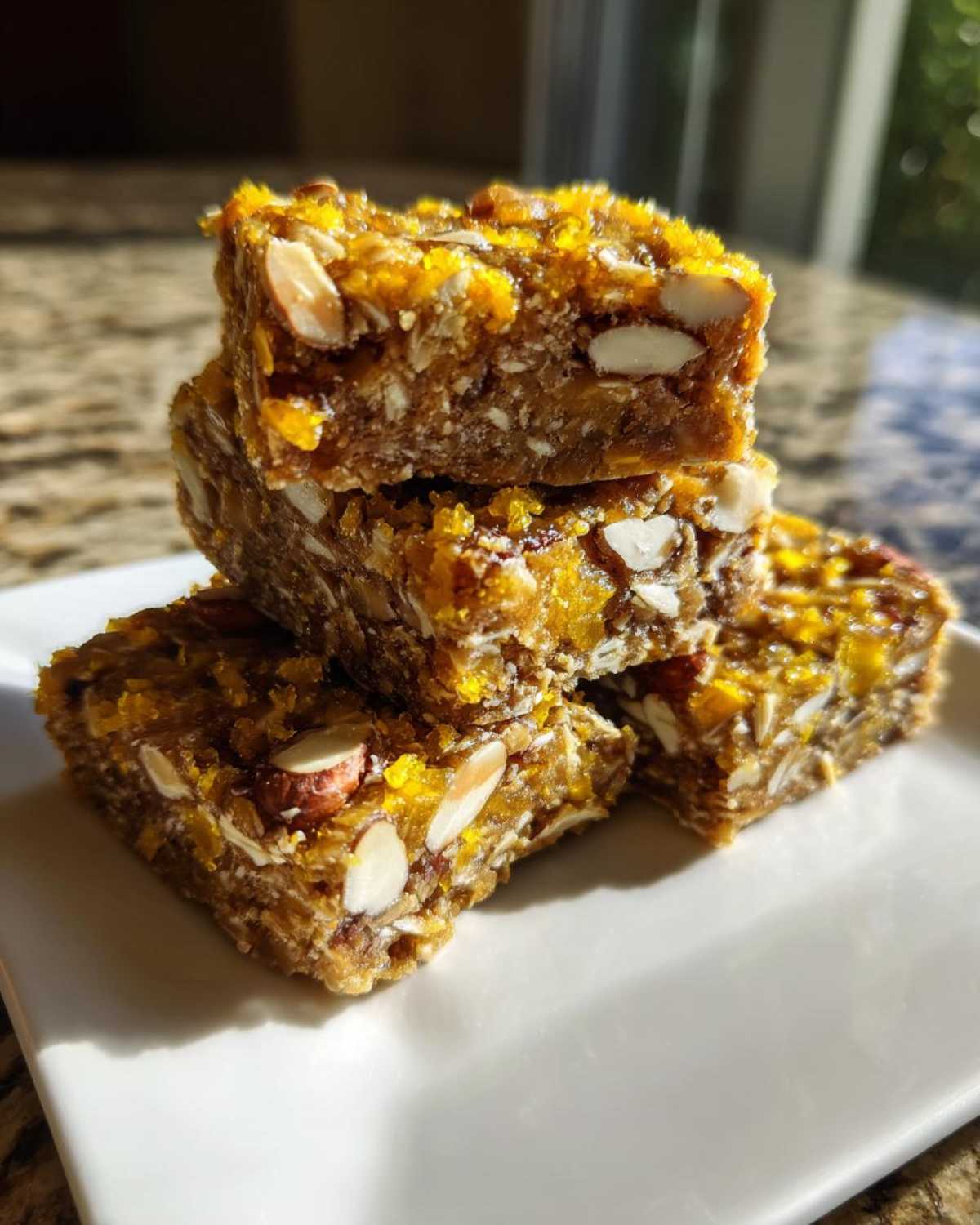 A stack of four chewy No-Bake Lemon Almond Date Bars featuring visible oats and sliced almonds, served on a white plate.