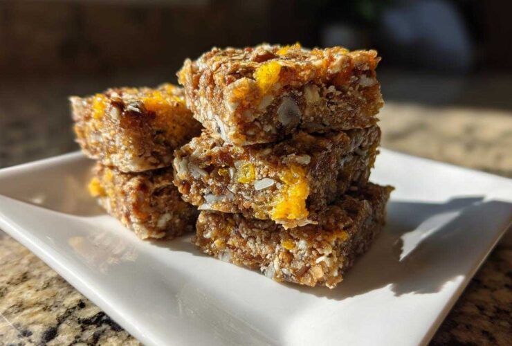 A stack of four No-Bake Lemon Almond Date Bars featuring visible oats, almonds, and bright yellow lemon zest.