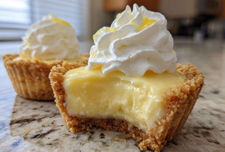 A close-up of a No-Bake Lemon Cream Pie Cup with a bite taken out, showing creamy filling and whipped topping.
