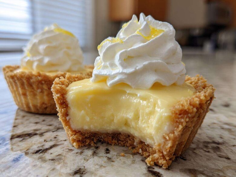 A close-up of a No-Bake Lemon Cream Pie Cup with a bite taken out, showing creamy filling and whipped topping.