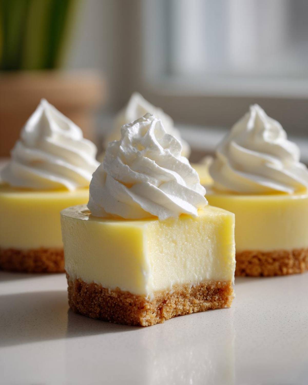 A square portion cut from a No-Bake Lemon Cream Pie Cup, showing the graham cracker crust and creamy filling topped with whipped cream.