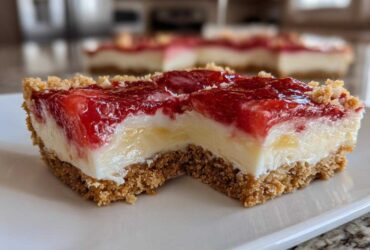 A close-up, bitten piece of No-Bake Lemon Strawberry Cheesecake Bark showing graham cracker crust, creamy filling, and strawberry topping.