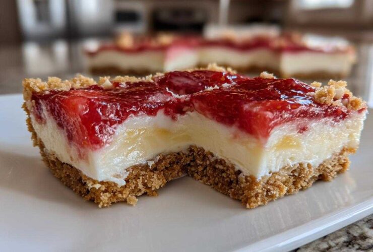 A close-up, bitten piece of No-Bake Lemon Strawberry Cheesecake Bark showing graham cracker crust, creamy filling, and strawberry topping.